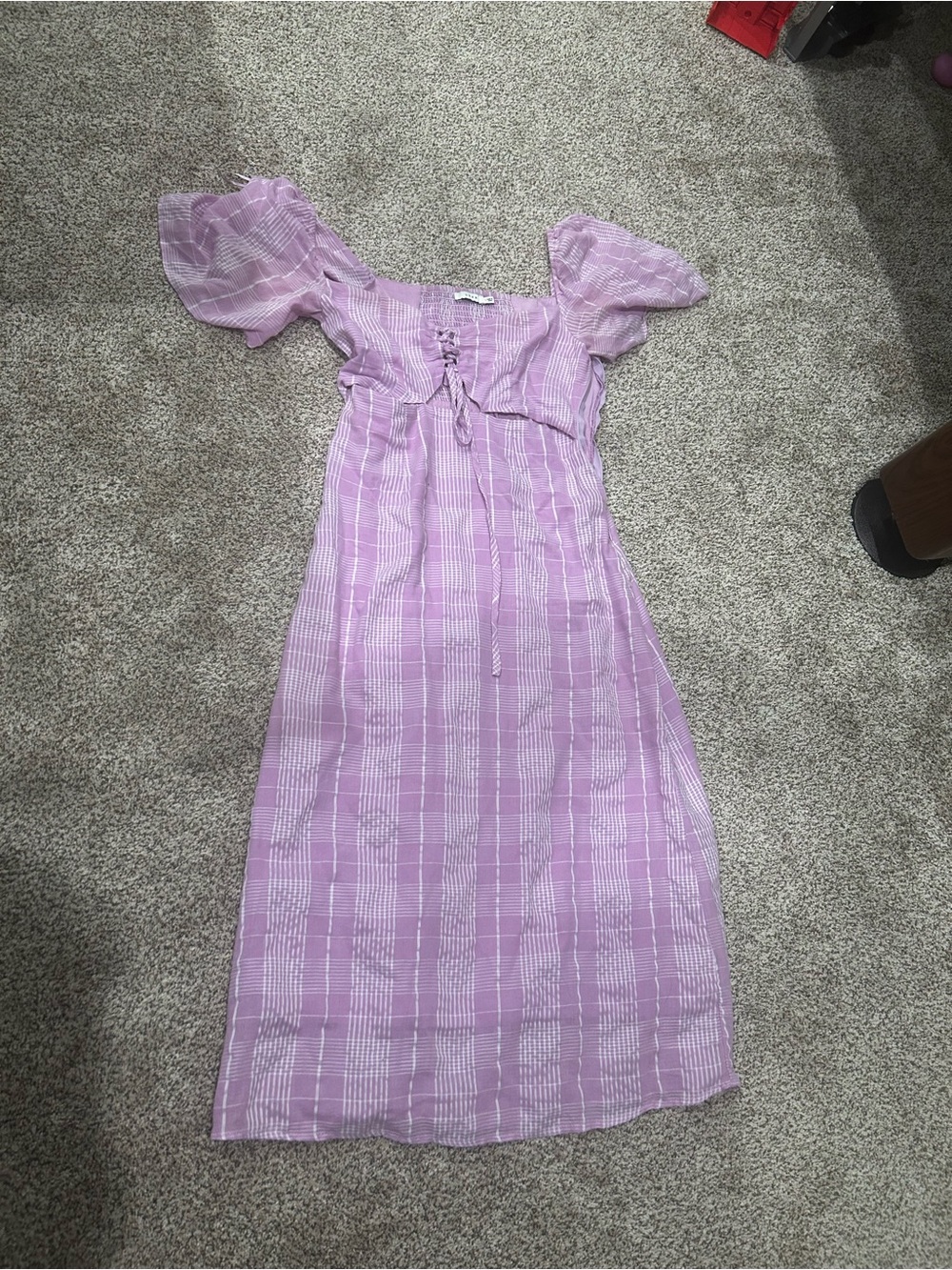 Lilac Plaid Puff-Sleeve Midi Dress